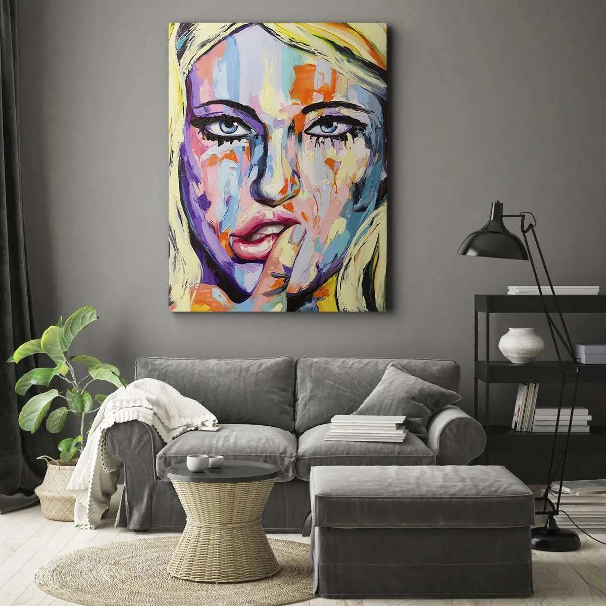 Cuadro sobre lienzo - Impresión de Imagen - Retrato colorido de una mujer en estilo abstracto. - 80x120cm - Mírala a los ojos - Decoración de pared moderna para salón y dormitorio ARTTOR