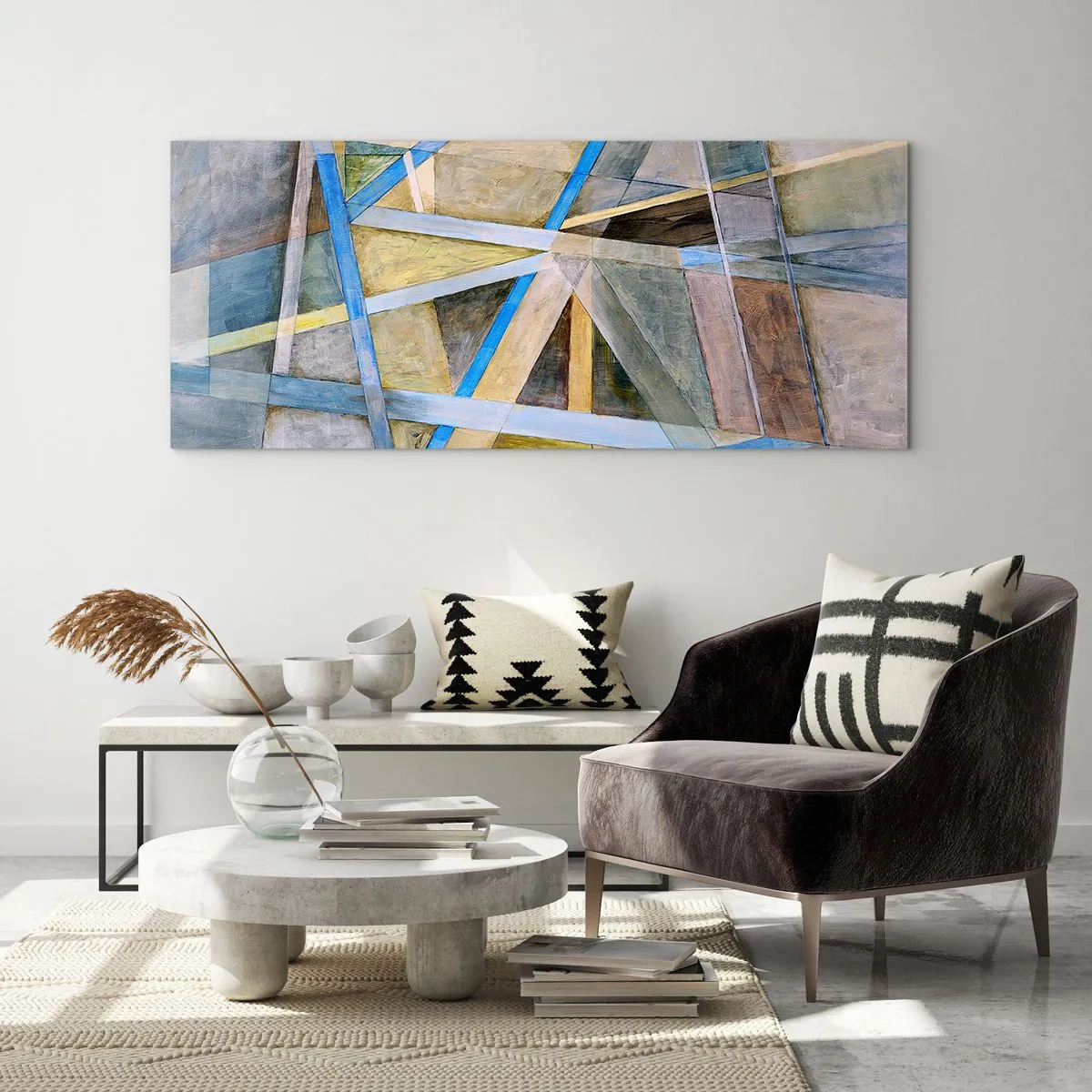Cuadro sobre vidrio - Impresiones sobre Vidrio - Composición geométrica con líneas claras y azules. - 120x50cm - ¿Recto o inclinado? - Decoración de pared moderna para salón y dormitorio ARTTOR