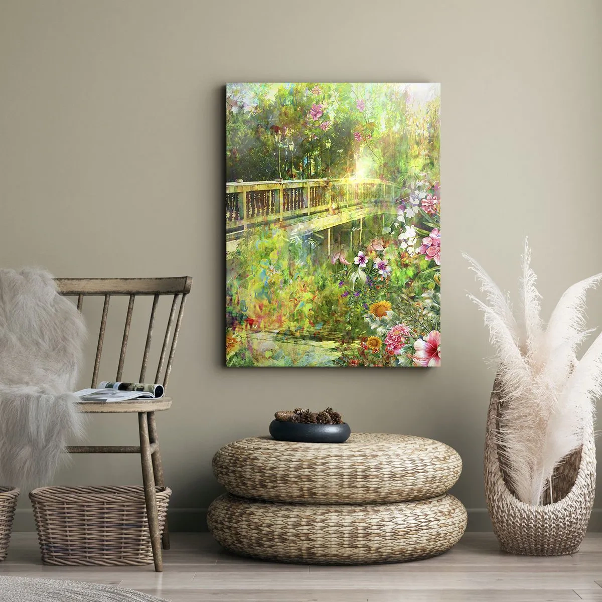 Cuadro sobre lienzo - Impresión de Imagen - Un puente rodeado de exuberante vegetación y flores. - 50x70cm - Un puente de suspiros de primavera - Decoración de pared moderna para salón y dormitorio ARTTOR