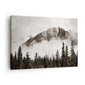 Cuadro sobre lienzo - Impresión de Imagen - Un pintoresco pico de montaña rodeado de niebla y un bosque en tonos sepia. - 70x50cm - Gobernante de granito - Decoración de pared moderna para salón y dormitorio ARTTOR