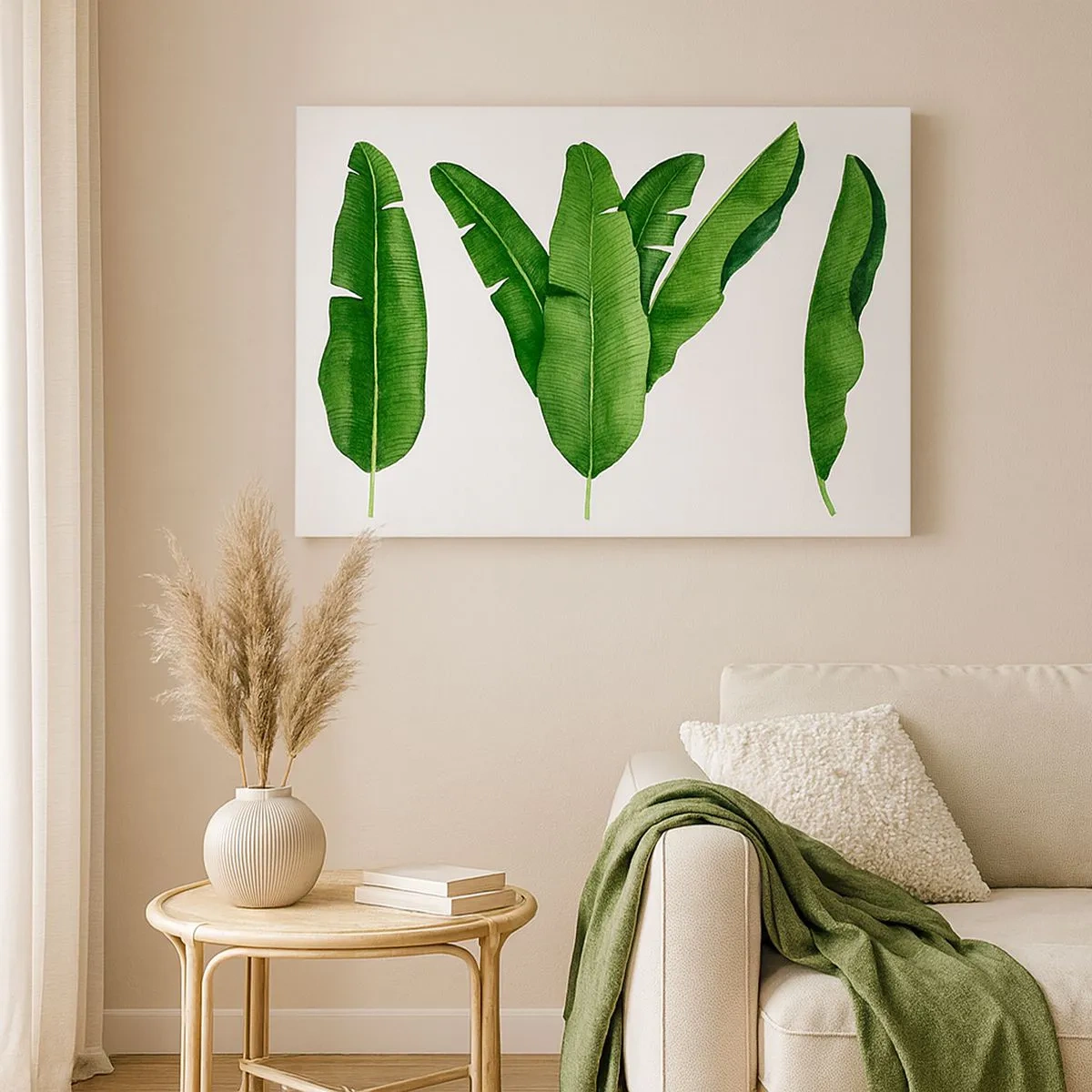 Cuadro sobre lienzo - Impresión de Imagen - Tres hojas de plátano en un enfoque artístico - 70x50cm - Simetría verde - Decoración de pared moderna para salón y dormitorio ARTTOR
