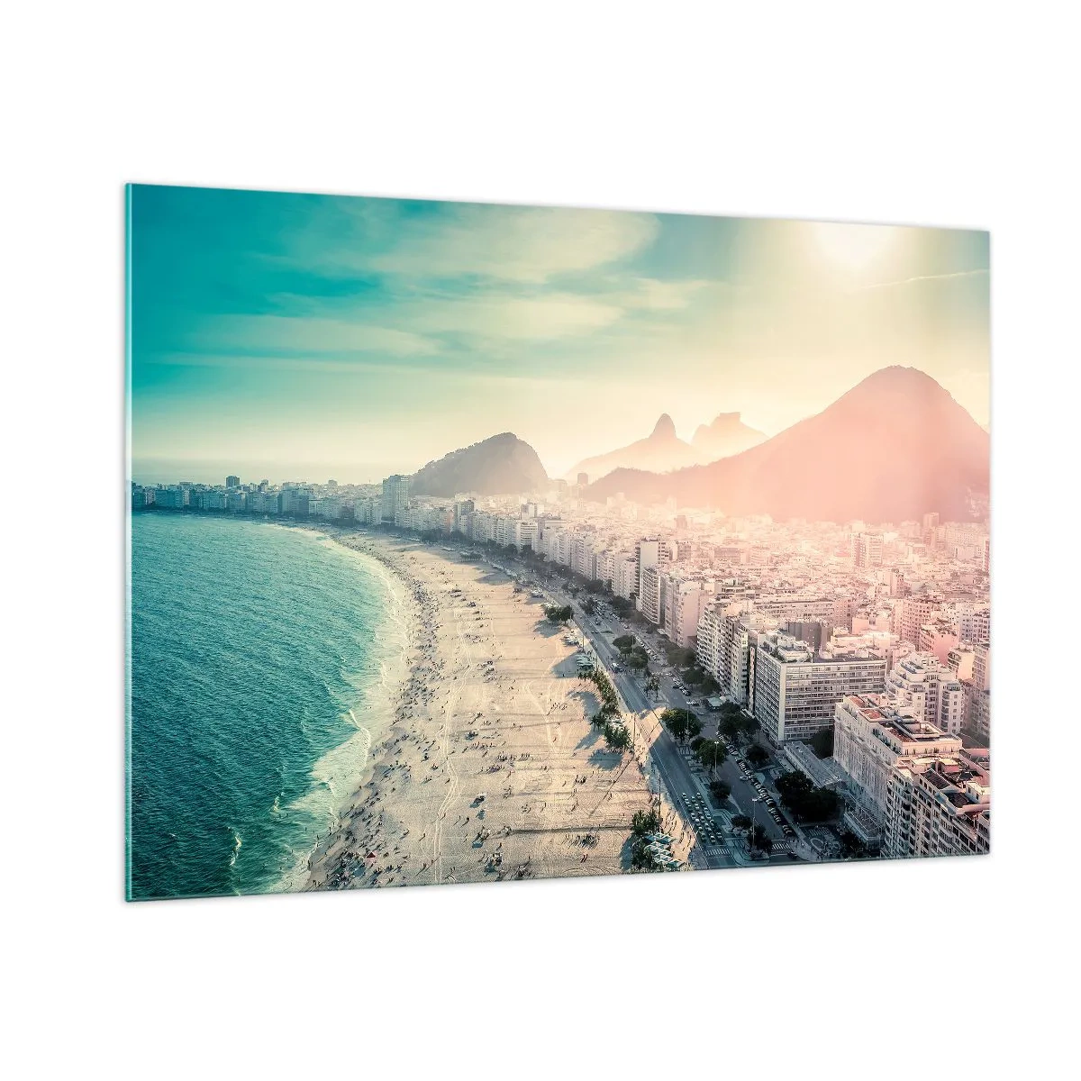 Cuadro sobre vidrio - Impresiones sobre Vidrio - Panorama de la playa con edificios urbanos y fondo de montaña - 100x70cm - Vacaciones perpetuas en Río - Decoración de pared moderna para salón y dormitorio ARTTOR