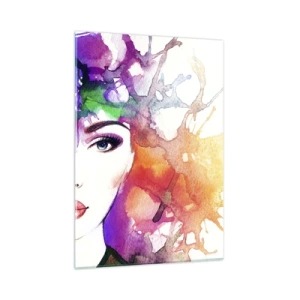 Cuadro sobre vidrio - Impresiones sobre Vidrio - Una mujer con un fondo borroso y colorido en estilo acuarela. - 50x70cm - Con la cabeza en las nubes - Decoración de pared moderna para salón y dormitorio ARTTOR