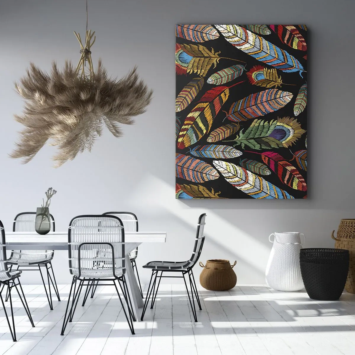 Cuadro sobre lienzo - Impresión de Imagen - Plumas de colores sobre un fondo negro - 80x120cm - Carnaval de las aves - Decoración de pared moderna para salón y dormitorio ARTTOR