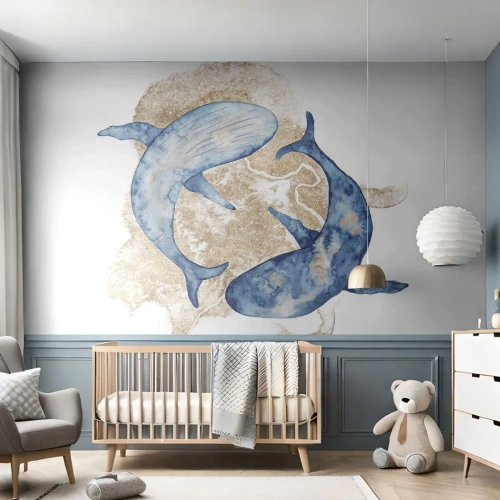 Fotomural Premium Sand - Dos ballenas en estilo acuarela sobre un fondo claro. - 100x70cm - ¿Amistad o amor? - Decoración de pared moderna para salón y dormitorio ARTTOR