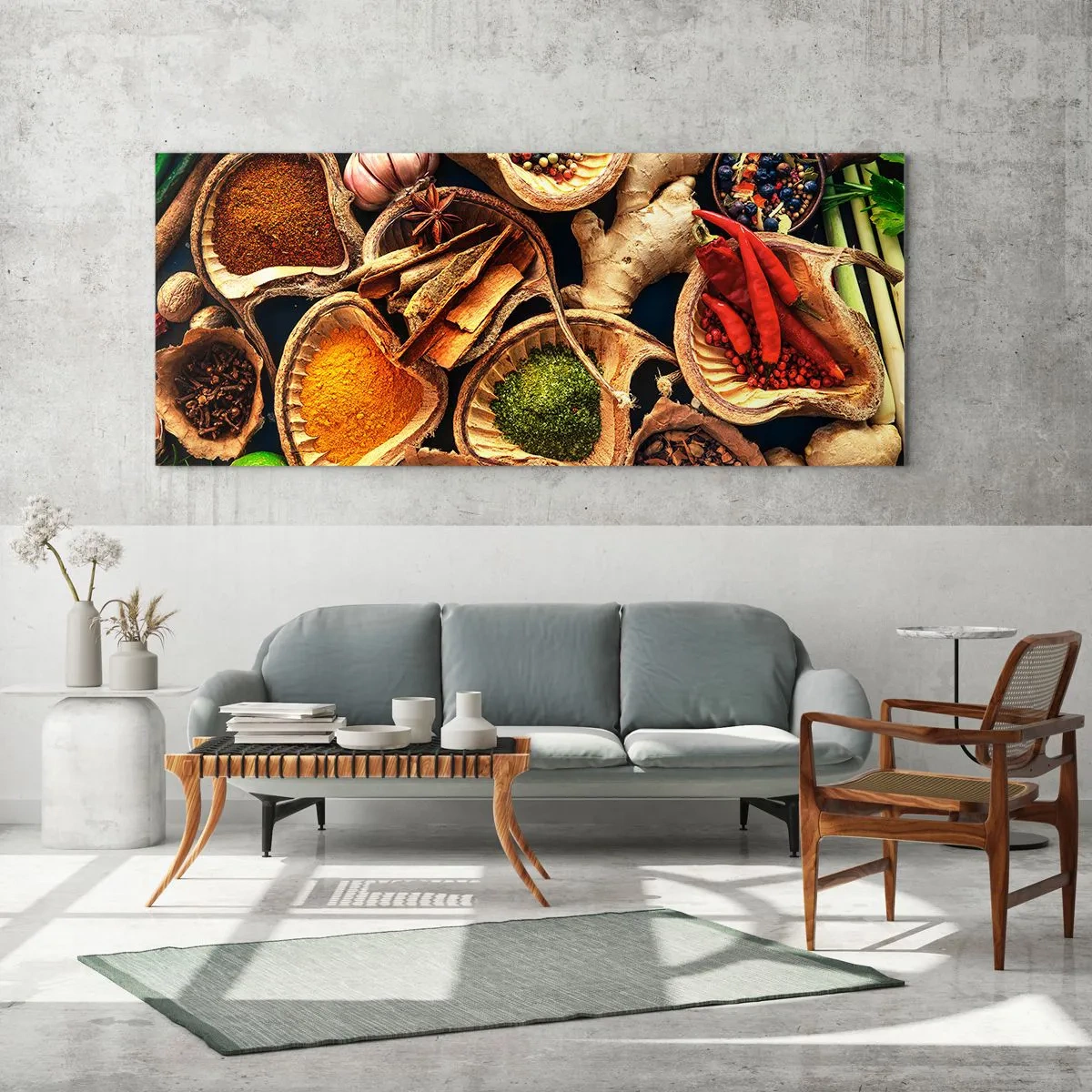 Cuadro sobre vidrio - Impresiones sobre Vidrio - Cuencos de especias en diferentes colores. - 140x50cm - Toma lo que quieras - Decoración de pared moderna para salón y dormitorio ARTTOR