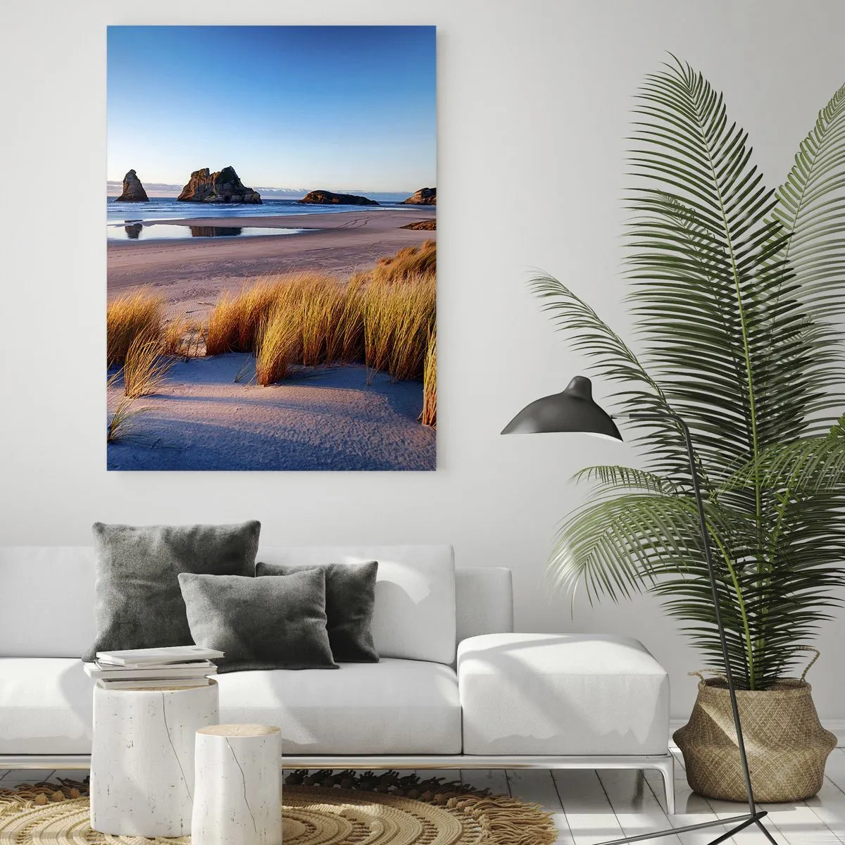 Cuadro sobre vidrio - Impresiones sobre Vidrio - Una playa pintoresca con vistas a las rocas y al mar al atardecer. - 80x120cm - Para buscadores de tranquilidad - Decoración de pared moderna para salón y dormitorio ARTTOR