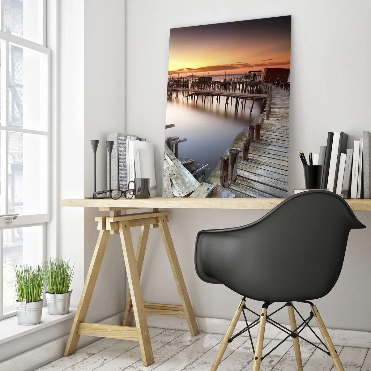 Cuadro sobre vidrio - Impresiones sobre Vidrio - Muelles de madera al atardecer sobre un lago tranquilo - 50x70cm - Auténtico, sublime - Decoración de pared moderna para salón y dormitorio ARTTOR