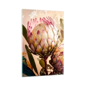 Cuadro sobre vidrio - Impresiones sobre Vidrio - Flores de protea coloridas sobre un fondo delicado. - 80x120cm - Abrazados con ternura - Decoración de pared moderna para salón y dormitorio ARTTOR