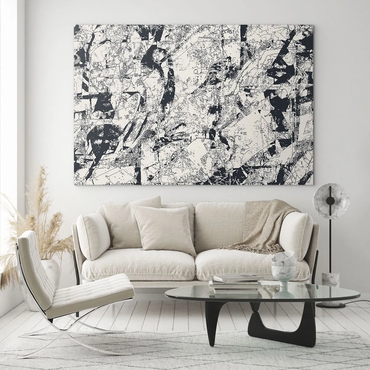 Cuadro sobre vidrio - Impresiones sobre Vidrio - Abstracción en blanco y negro con líneas y texturas dinámicas. - 100x70cm - La interpenetración de los opuestos - Decoración de pared moderna para salón y dormitorio ARTTOR