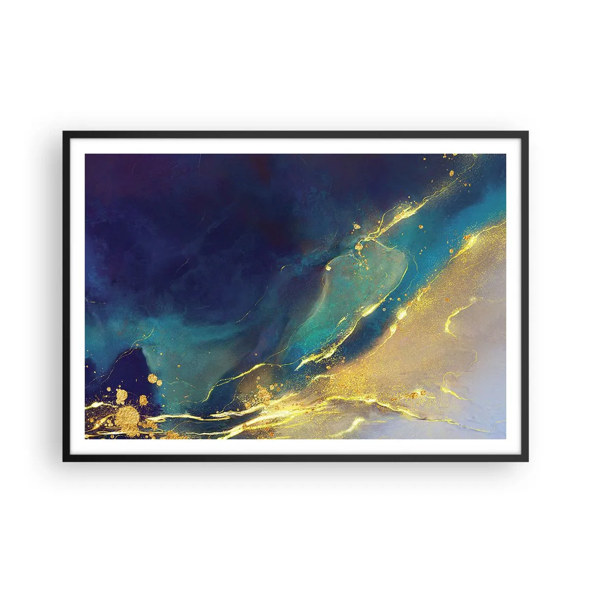 Póster en marco negro - Composición abstracta en tonos azules y dorados sobre lienzo. - 100x70cm - Inundación dorada - Decoración de pared moderna para salón y dormitorio ARTTOR