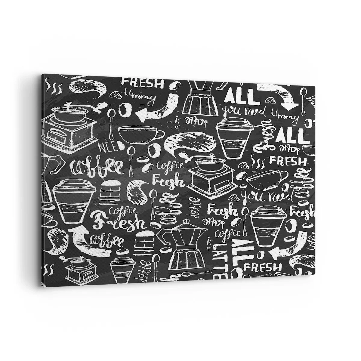 Cuadro sobre lienzo - Impresión de Imagen - Gráficos de café elegantes sobre un fondo negro. - 100x70cm - All you need is… - Decoración de pared moderna para salón y dormitorio ARTTOR