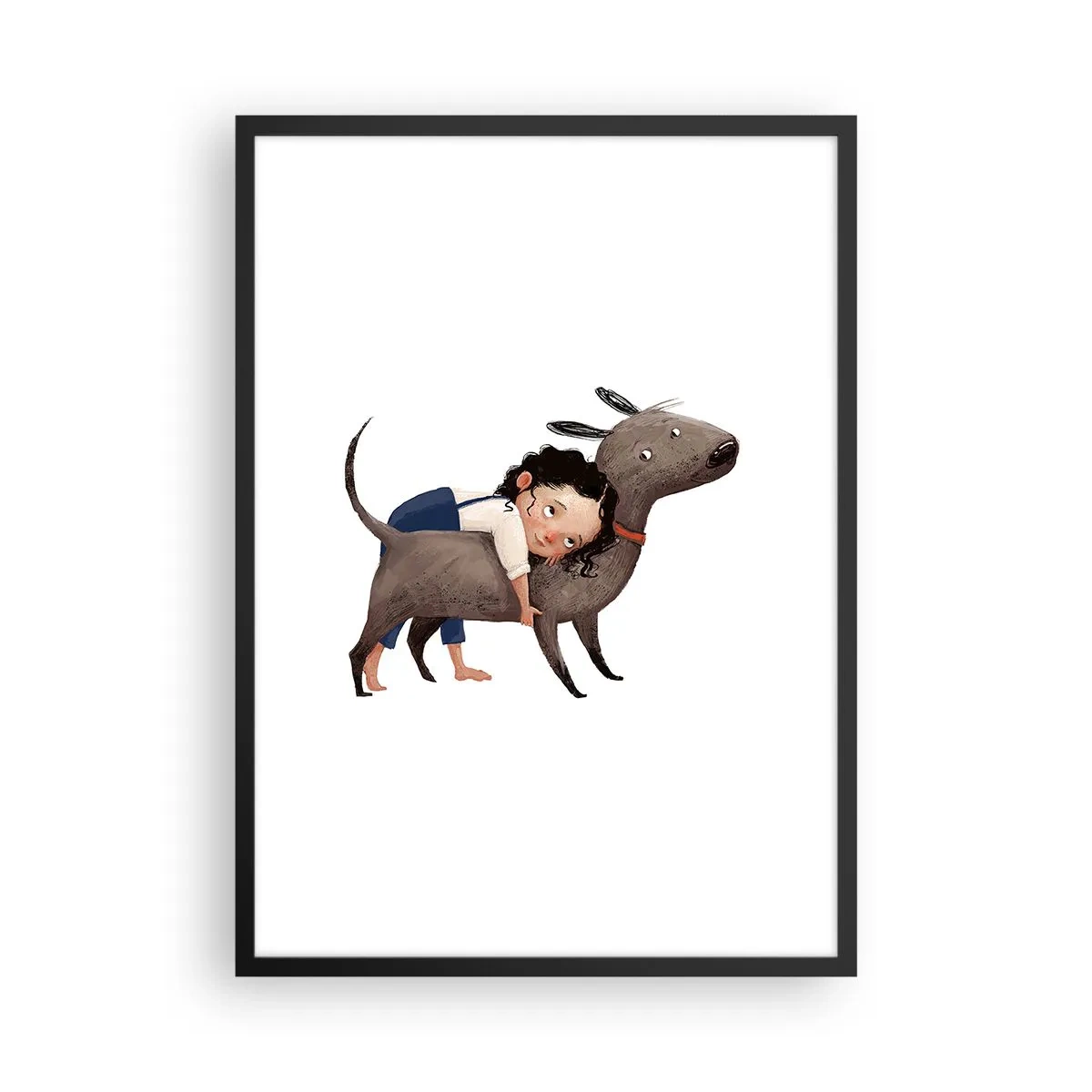 Póster en marco negro - Ilustración de un niño abrazando a un perro sobre un fondo blanco. - 50x70cm - Mejores amigos - Decoración de pared moderna para salón y dormitorio ARTTOR