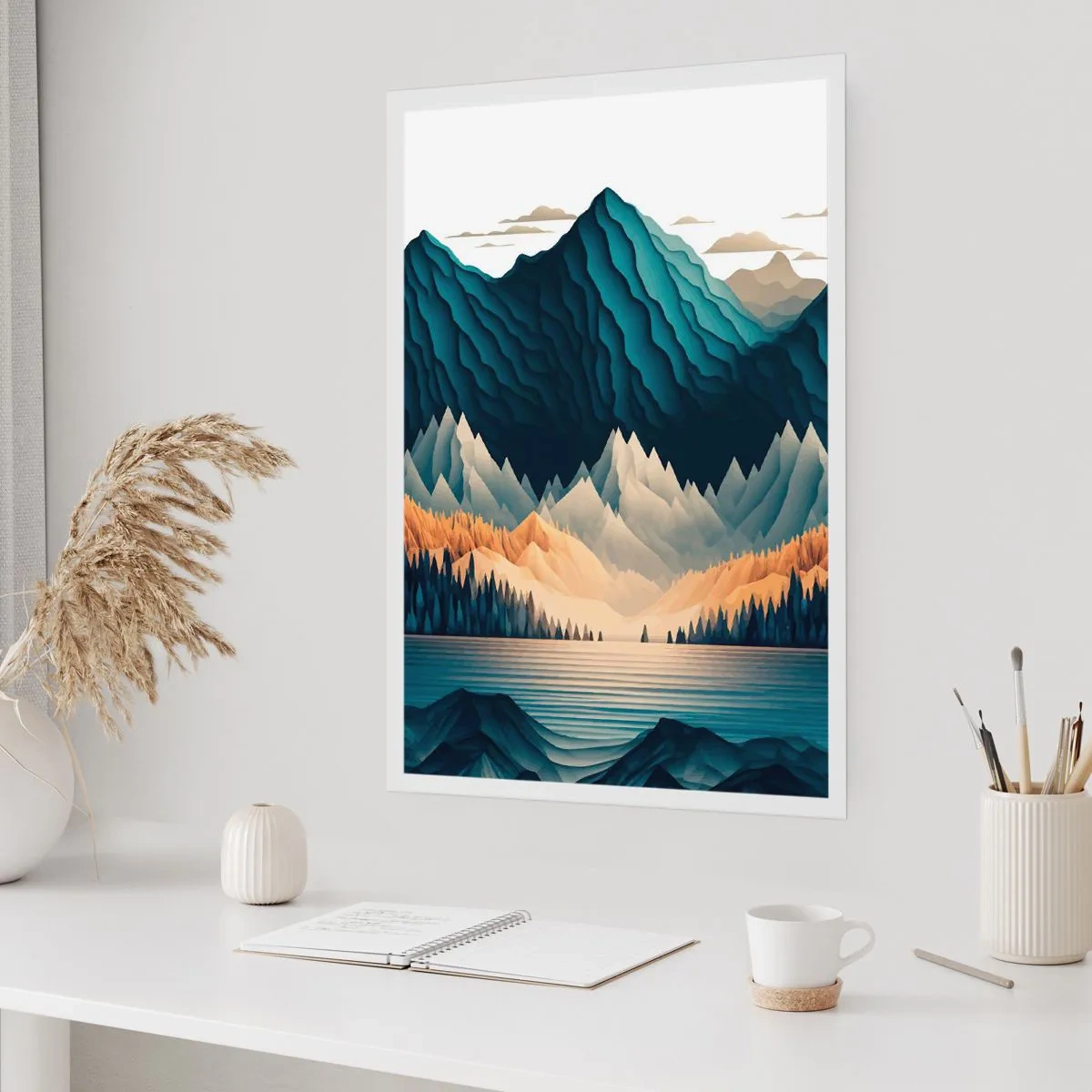 Póster - Paisaje montañoso estilizado con un lago en tonos azules. - 50x70cm - Paisaje perfecto de montañas - Decoración de pared moderna para salón y dormitorio ARTTOR