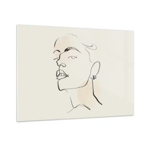 Cuadro sobre vidrio - Impresiones sobre Vidrio - Retrato de una mujer en líneas minimalistas sobre un fondo claro. - 100x70cm - Una mirada orgullosa - Decoración de pared moderna para salón y dormitorio ARTTOR