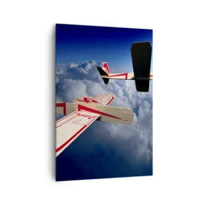Cuadro sobre lienzo - Impresión de Imagen - Dos aviones de madera volando sobre las nubes contra un cielo azul. - 70x100cm - Más alto, más lejos - Decoración de pared moderna para salón y dormitorio ARTTOR
