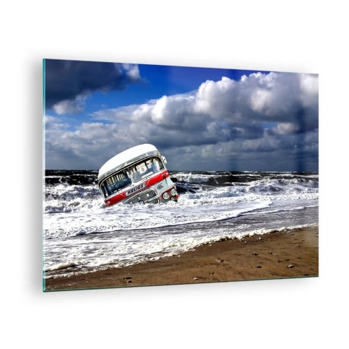 Cuadro sobre vidrio - Impresiones sobre Vidrio - Un viejo autobús en las aguas de un mar tempestuoso - 70x50cm - ¿Y qué te sorprende? - Decoración de pared moderna para salón y dormitorio ARTTOR