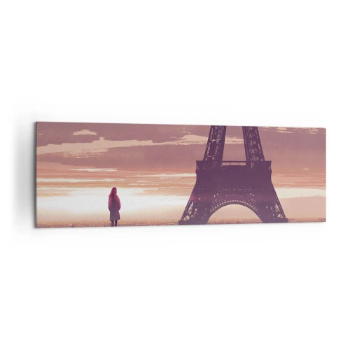 Cuadro sobre lienzo - Impresión de Imagen - Una figura mirando la Torre Eiffel a la luz del sol poniente. - 160x50cm - Sólo ellas dos - Decoración de pared moderna para salón y dormitorio ARTTOR