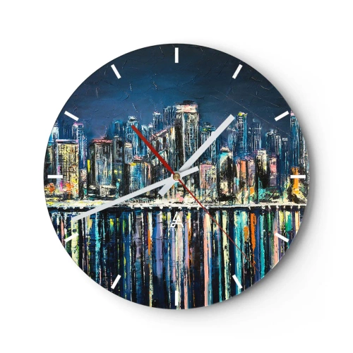 Reloj de pared - Reloj de vidrio - Panorama nocturno de la ciudad con reflejos de luz sobre el agua. - 30x30cm - Una cascada de luces - Decoración de pared moderna para salón, cocina y dormitorio ARTTOR