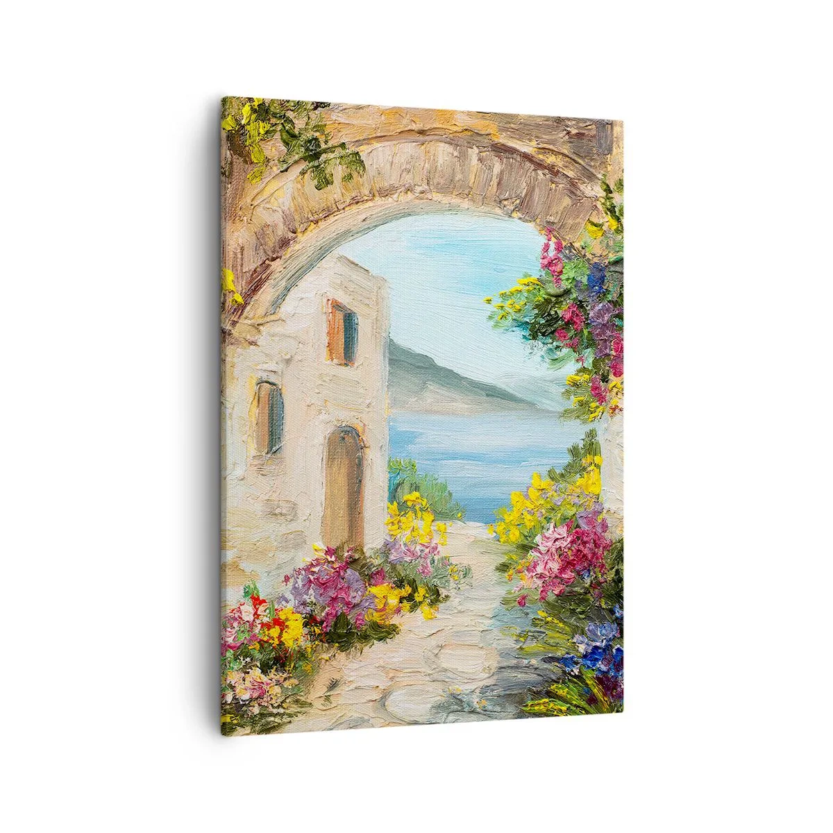 Cuadro sobre lienzo - Impresión de Imagen - Paisaje costero con edificios de piedra y flores. - 50x70cm - El encanto del paisaje costero - Decoración de pared moderna para salón y dormitorio ARTTOR