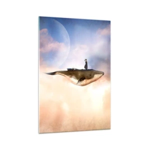 Cuadro sobre vidrio - Impresiones sobre Vidrio - Una escena fantástica de una mujer sobre una ballena entre las nubes. - 70x100cm - Un viaje surrealista - Decoración de pared moderna para salón y dormitorio ARTTOR