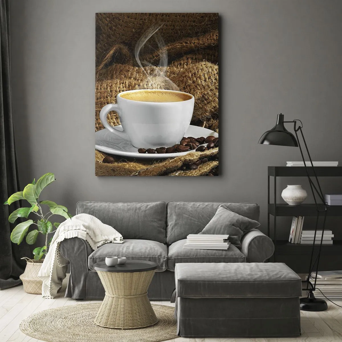 Cuadro sobre lienzo - Impresión de Imagen - Una taza de café rodeada de una bolsa de granos de café. - 80x120cm - Olor a moca y densidad del líquido meloso - Decoración de pared moderna para salón y dormitorio ARTTOR