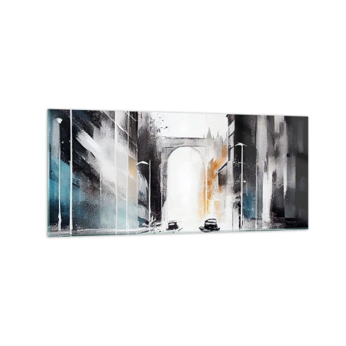 Cuadro sobre vidrio - Impresiones sobre Vidrio - Panorama abstracto de la ciudad con un puente arqueado - 120x50cm - Estudio de la ciudad: arquitectura y movimiento - Decoración de pared moderna para salón y dormitorio ARTTOR