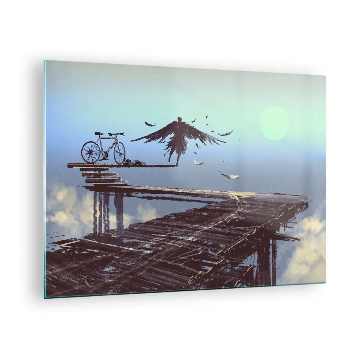 Cuadro sobre vidrio - Impresiones sobre Vidrio - Una figura con una bicicleta en un puente de madera sobre las nubes. - 70x50cm - Ícaro eternamente vivo - Decoración de pared moderna para salón y dormitorio ARTTOR