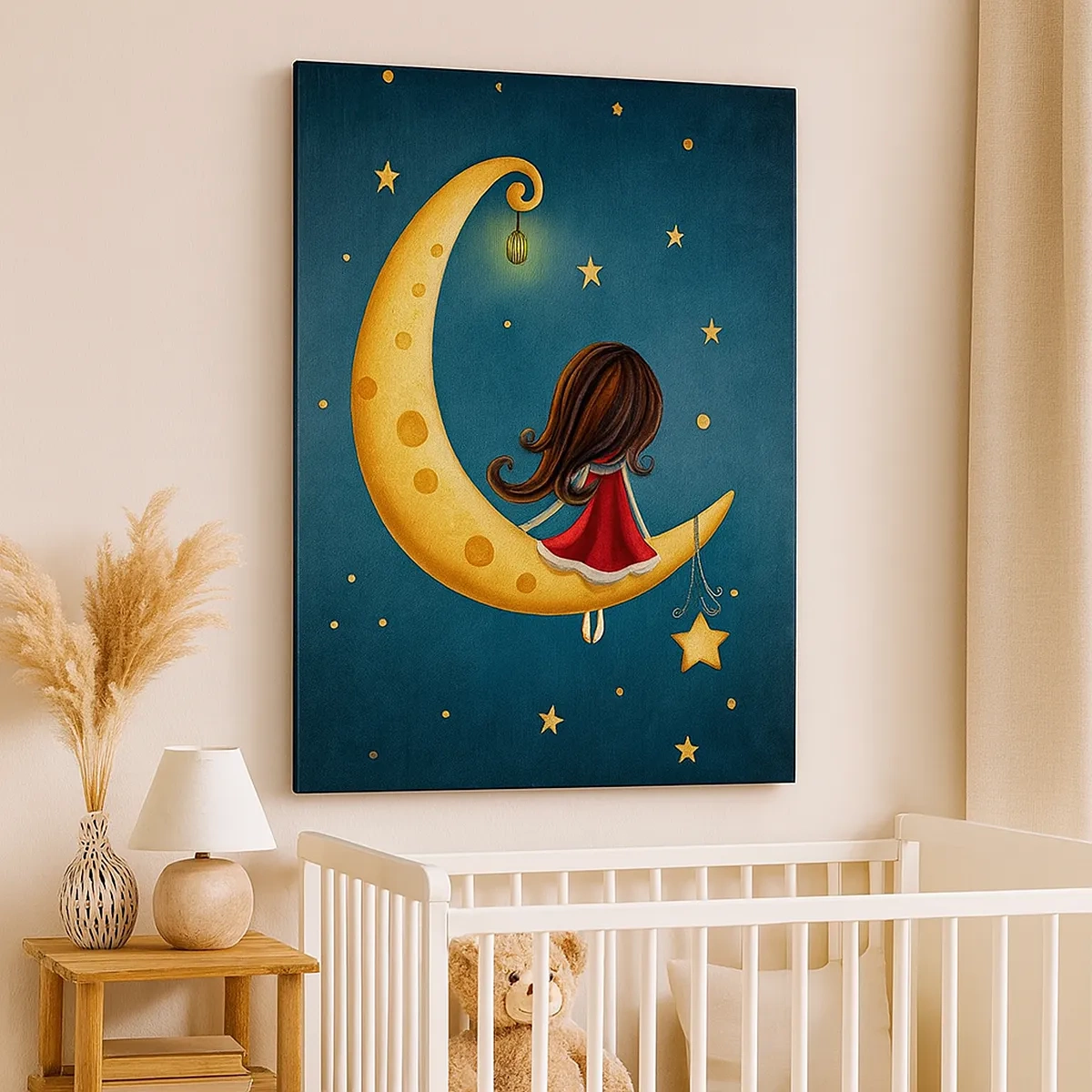 Cuadro sobre lienzo - Impresión de Imagen - Una niña en la luna rodeada de estrellas. - 50x70cm - Érase una vez... - Decoración de pared moderna para salón y dormitorio ARTTOR