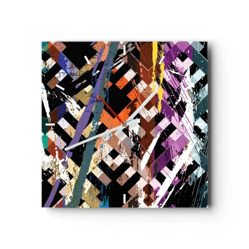 Reloj de pared - Reloj de vidrio - Composición abstracta con líneas de colores sobre fondo negro. - 30x30cm - Elevado al cuadrado - Decoración de pared moderna para salón y dormitorio ARTTOR