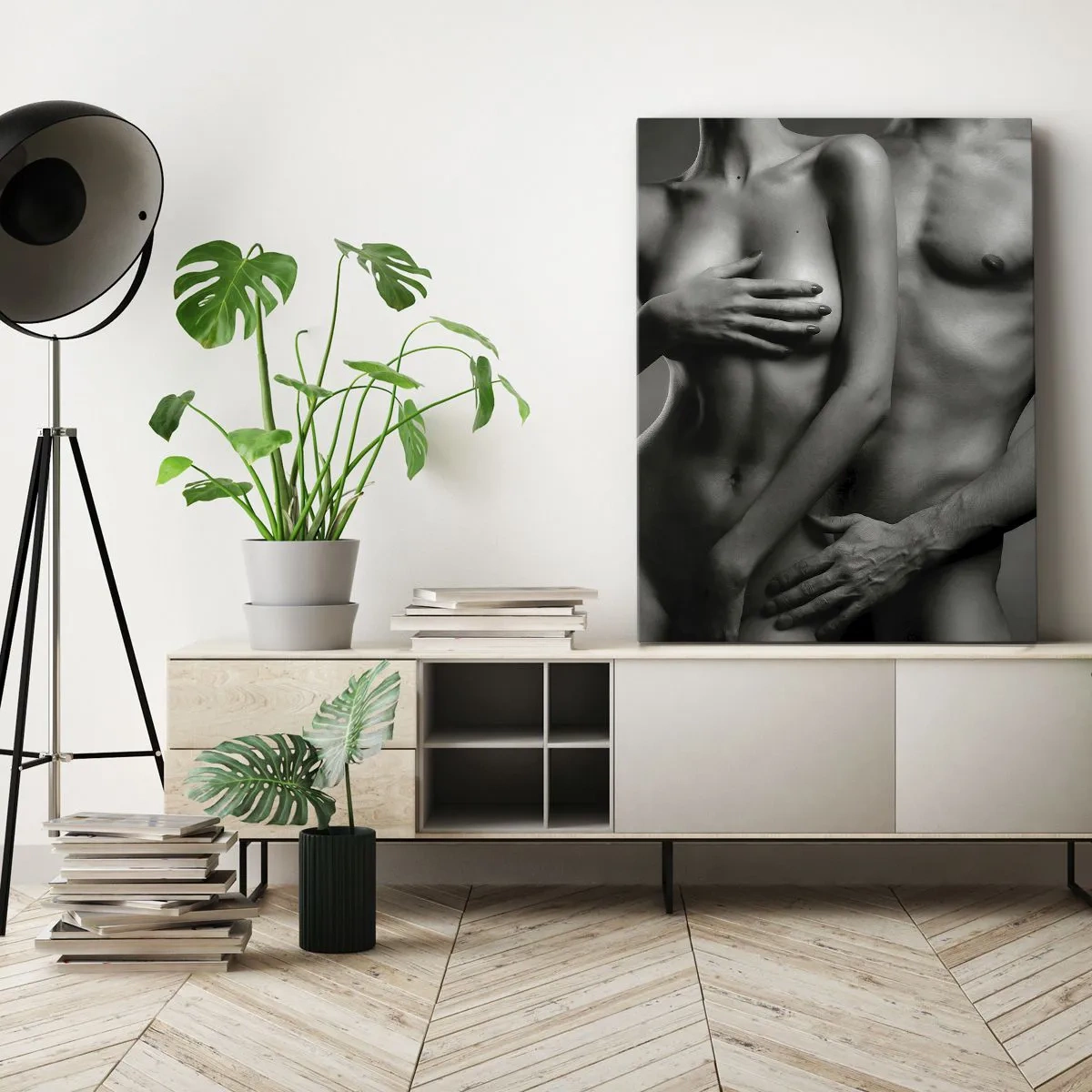 Cuadro sobre lienzo - Impresión de Imagen - Representación en blanco y negro de cuerpos femeninos y masculinos en una pose artística. - 50x70cm - Adán y Eva - Decoración de pared moderna para salón y dormitorio ARTTOR