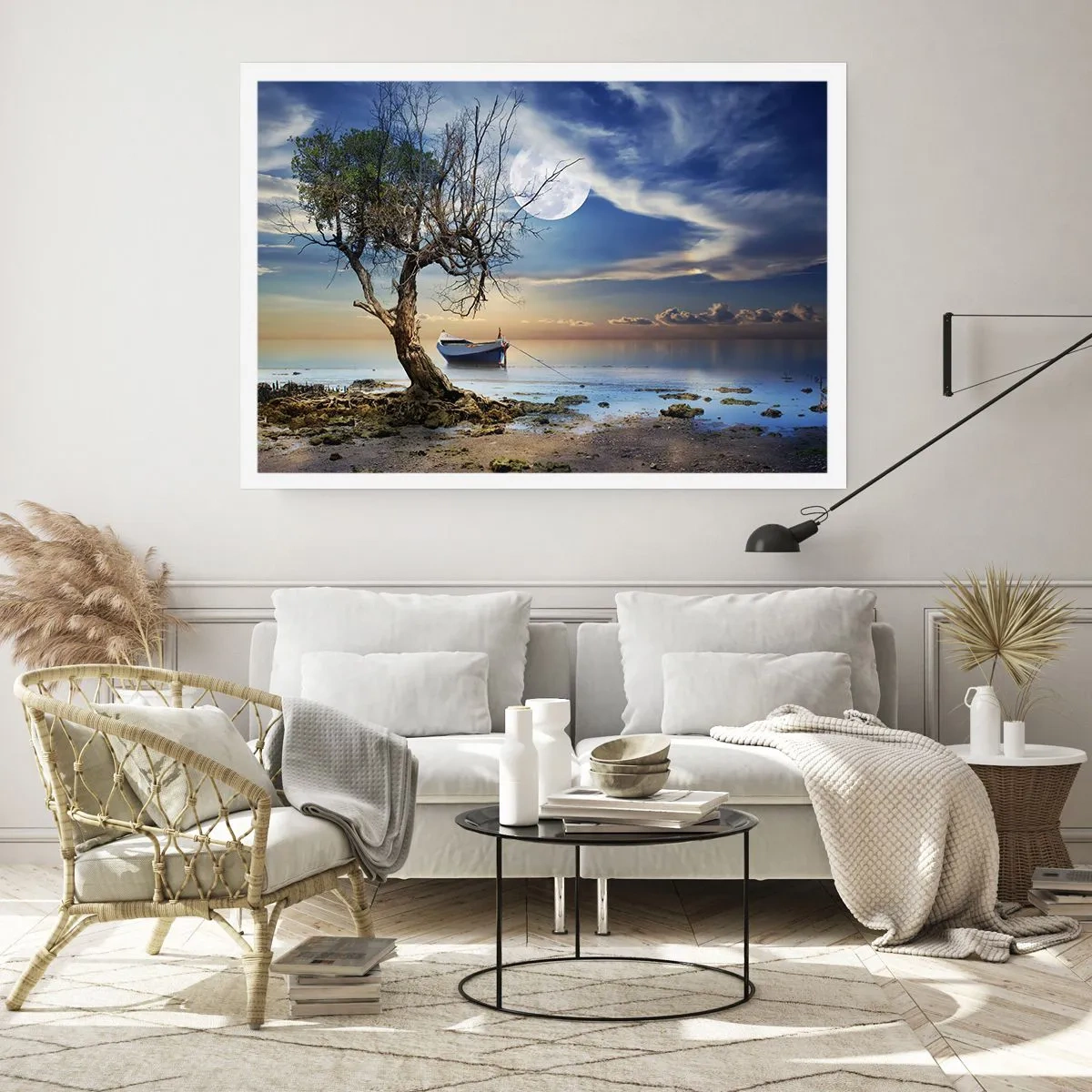 Póster - Un árbol solitario y un barco en aguas tranquilas bajo la luna llena. - 100x70cm - ¿Es el final o el principio? - Decoración de pared moderna para salón y dormitorio ARTTOR