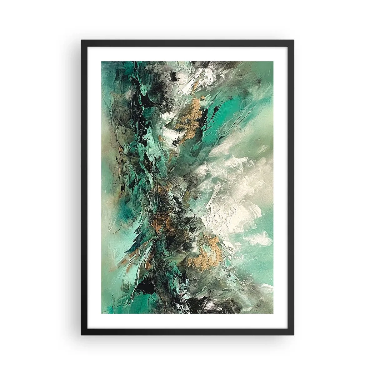 Póster en marco negro - Composición abstracta en tonos verdes y dorados. - 50x70cm - Hervor negro esmeralda - Decoración de pared moderna para salón y dormitorio ARTTOR