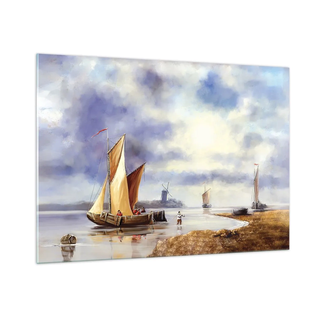 Cuadro sobre vidrio - Impresiones sobre Vidrio - Veleros en un lago tranquilo con molinos de viento al fondo - 100x70cm - El regreso de los marineros - Decoración de pared moderna para salón y dormitorio ARTTOR