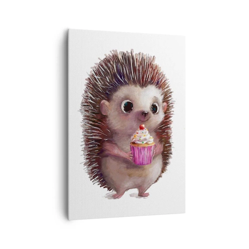 Cuadro sobre lienzo - Impresión de Imagen - Un lindo erizo con una magdalena. - 70x100cm - La celebración es diaria - Decoración de pared moderna para salón y dormitorio ARTTOR