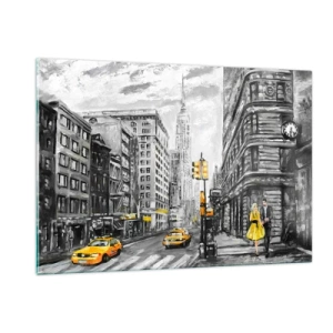 Cuadro sobre vidrio - Impresiones sobre Vidrio - Una ilustración de la ciudad de Nueva York en tonos blanco y negro con acentos amarillos. - 120x80cm - Una de las muchas historias de la gran manzana - Decoración de pared moderna para salón y dormitorio AR