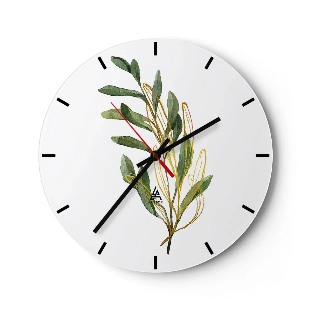 Reloj de pared - Reloj de vidrio - Hojas verdes de acuarela sobre un fondo blanco con gráficos delicados. - 30x30cm - La vida se abre camino - Decoración de pared moderna para salón, cocina y dormitorio ARTTOR