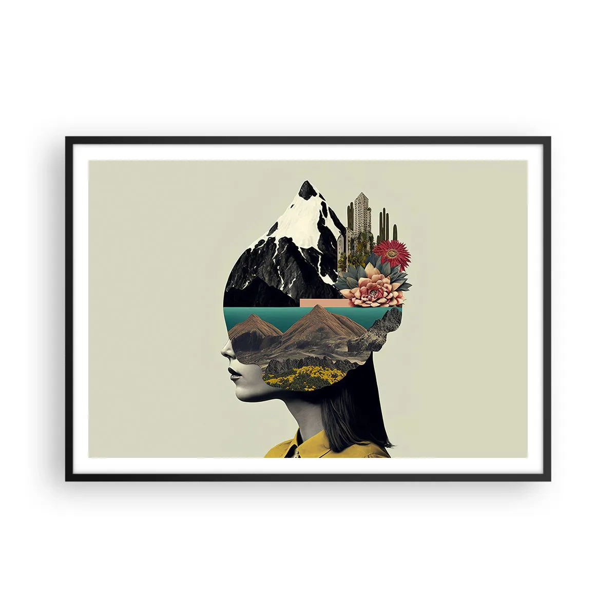 Póster en marco negro - Collage de una mujer con un paisaje de montaña y flores. - 100x70cm - La mujer, siempre un misterio - Decoración de pared moderna para salón y dormitorio ARTTOR
