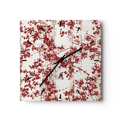 Reloj de pared - Reloj de vidrio - Flores rojas sobre un fondo blanco en un estilo artístico. - 30x30cm - Como un viejo percal - Decoración de pared moderna para salón y dormitorio ARTTOR