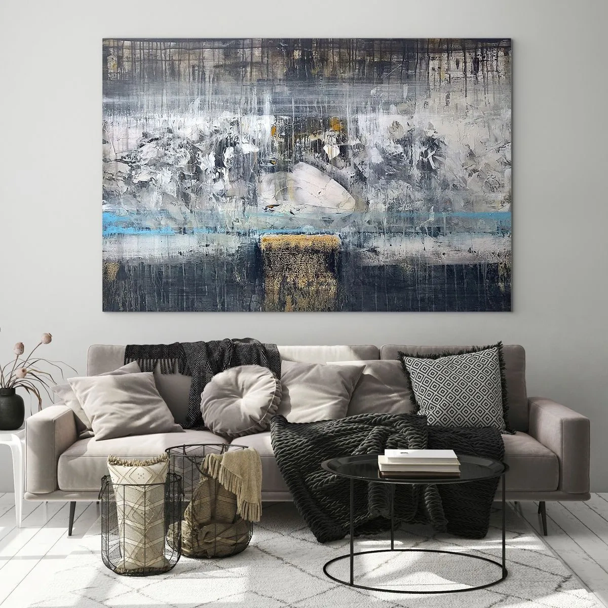 Cuadro sobre vidrio - Impresiones sobre Vidrio - Un paisaje abstracto dominado por el gris y el azul. - 100x70cm - Hielo abstracto - Decoración de pared moderna para salón y dormitorio ARTTOR