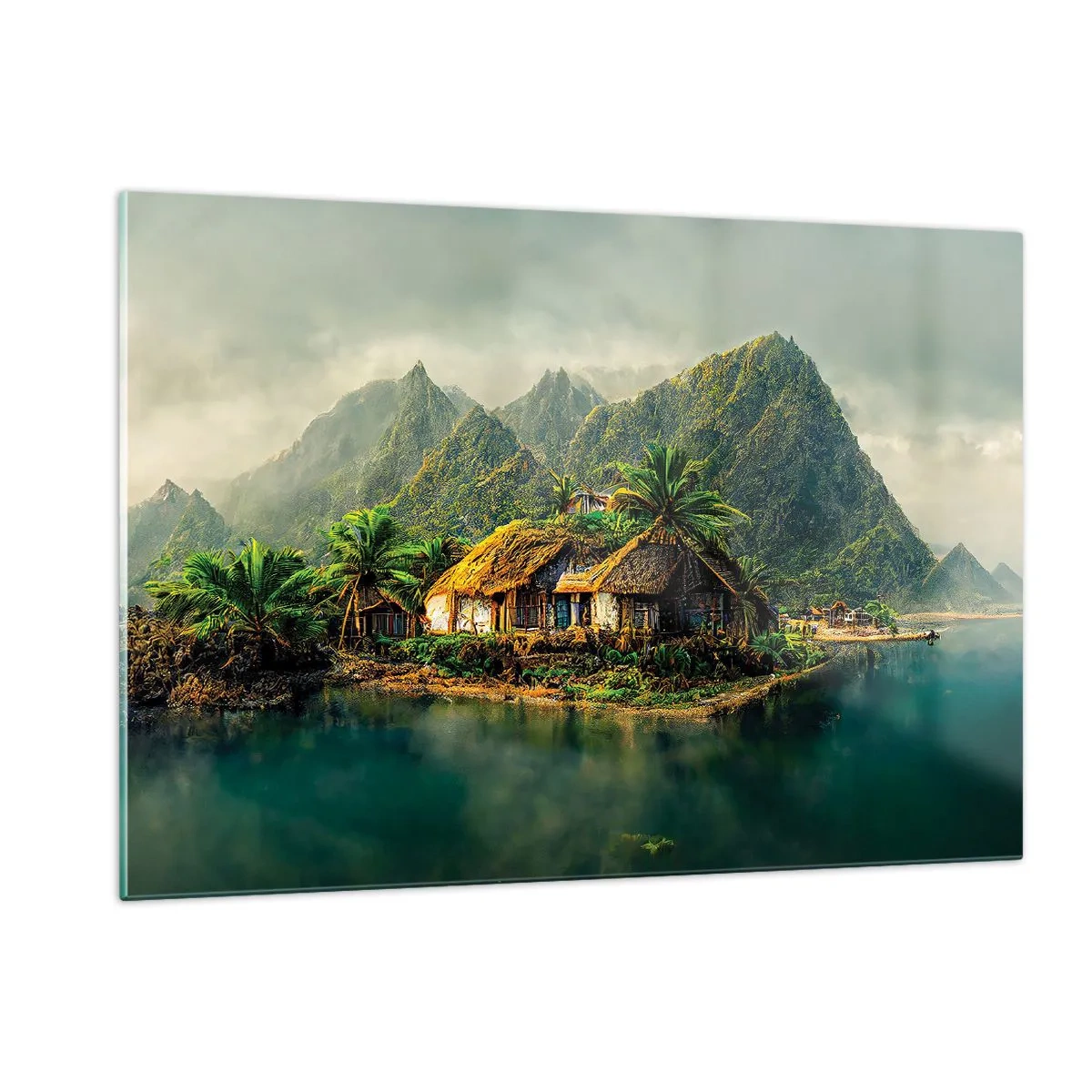 Cuadro sobre vidrio - Impresiones sobre Vidrio - Un pueblo tropical junto al agua rodeado de montañas y palmeras. - 120x80cm - Paraíso tropical - Decoración de pared moderna para salón y dormitorio ARTTOR