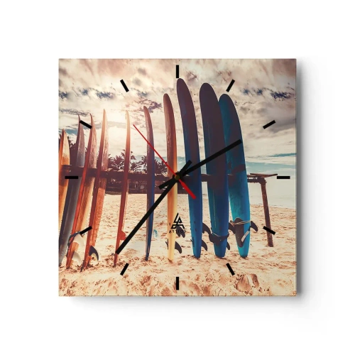 Reloj de pared - Reloj de vidrio - Tablas de surf en la playa al atardecer - 30x30cm - Buenas noches, hasta mañana - Decoración de pared moderna para salón y dormitorio ARTTOR
