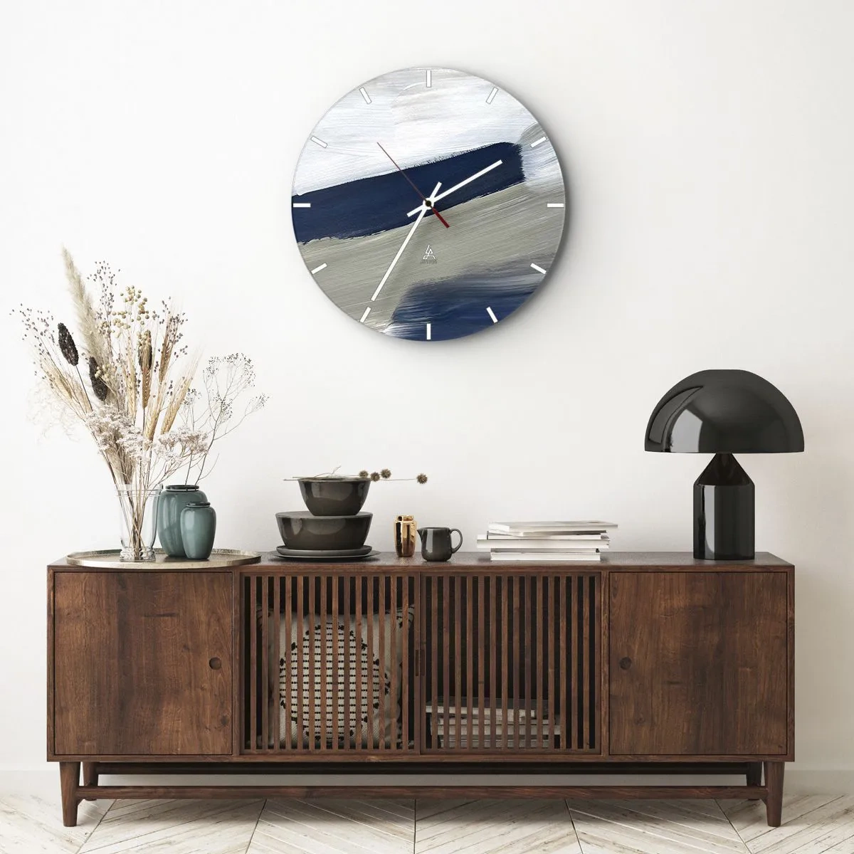 Reloj de pared - Reloj de vidrio - Pinceladas abstractas en blanco y azul marino - 30x30cm - Encuentro con el blanco - Decoración de pared moderna para salón, cocina y dormitorio ARTTOR