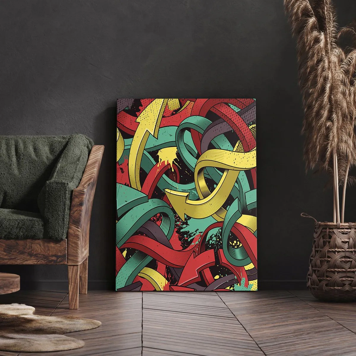 Cuadro sobre lienzo - Impresión de Imagen - Flechas abstractas en colores vibrantes que crean caos. - 50x70cm - ¿Qué camino tomar? - Decoración de pared moderna para salón y dormitorio ARTTOR