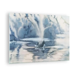 Cuadro sobre vidrio - Impresiones sobre Vidrio - Dos pescadores en un barco rodeado de un paisaje brumoso. - 70x50cm - Pescadores en su paraíso - Decoración de pared moderna para salón y dormitorio ARTTOR