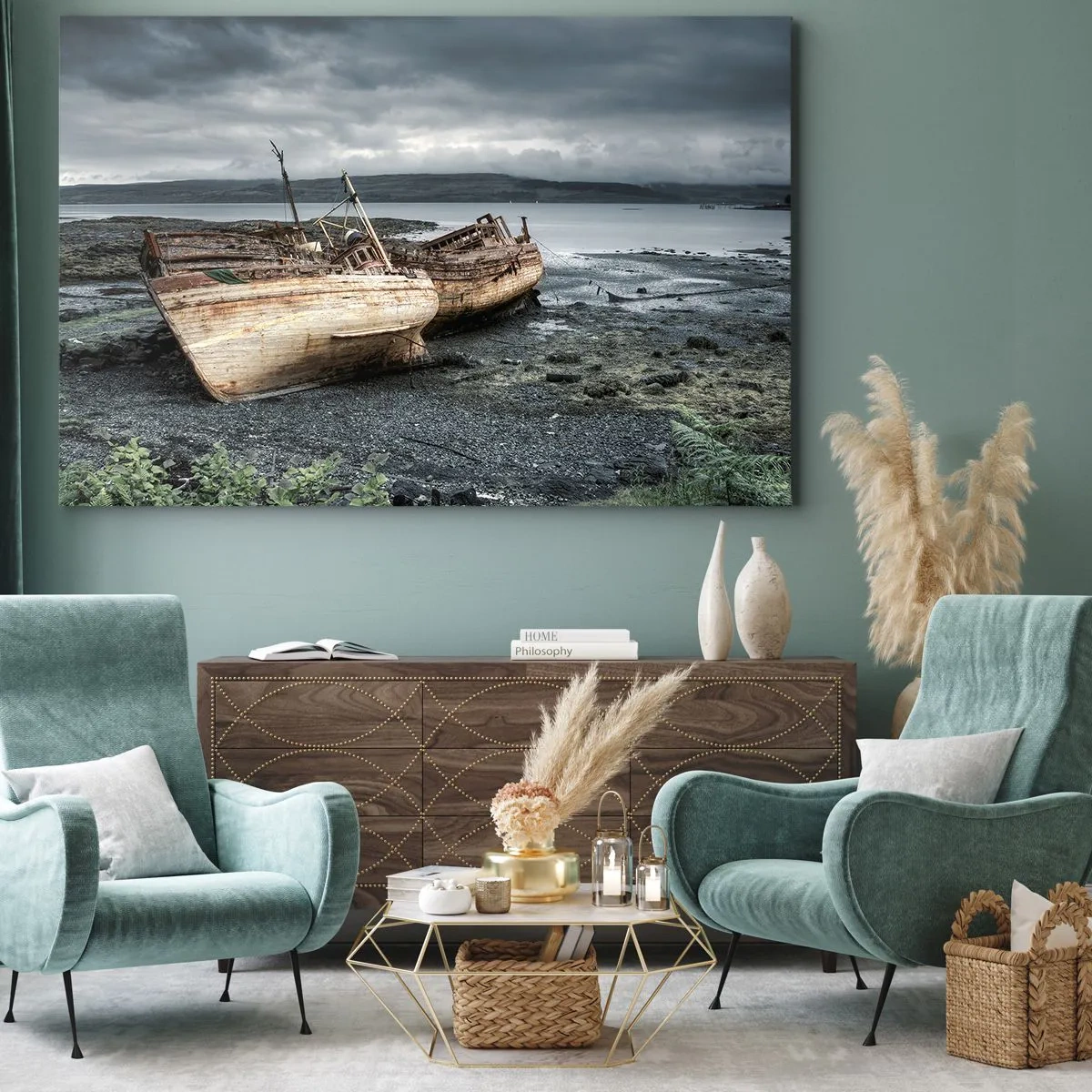 Cuadro sobre lienzo - Impresión de Imagen - Barcos abandonados en la orilla en una escena lluviosa - 100x70cm - Muestra de un trabajo dignamente realizado - Decoración de pared moderna para salón y dormitorio ARTTOR