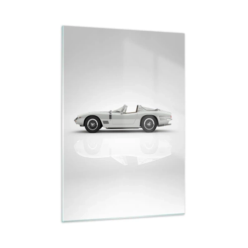 Cuadro sobre vidrio - Impresiones sobre Vidrio - Un clásico convertible blanco sobre un fondo minimalista con reflejos. - 50x70cm - Una promesa de diversión - Decoración de pared moderna para salón y dormitorio ARTTOR