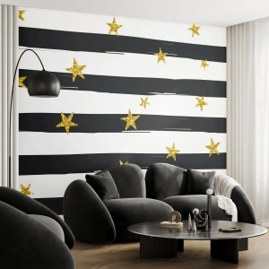 Fotomural Premium Sand - Todos hemos nacido bajo una estrella de la suerte - Gráficos, Estrella de oro, Lineas blancas y negras - 350x256 cm