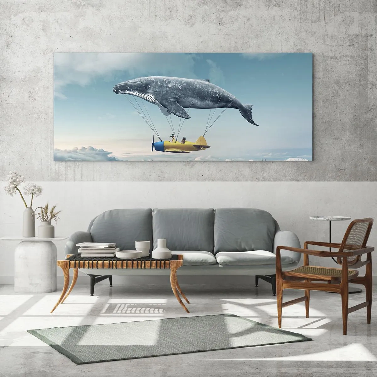 Cuadro sobre vidrio - Impresiones sobre Vidrio - Una ballena voladora transporta un avión en un entorno surrealista. - 140x50cm - ¿Por qué no? - Decoración de pared moderna para salón y dormitorio ARTTOR