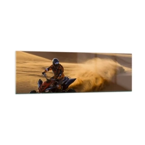Cuadro sobre vidrio - Impresiones sobre Vidrio - Un motociclista en un quad acelerando por las dunas de arena del desierto. - 160x50cm - Sobre las olas de la arena - Decoración de pared moderna para salón y dormitorio ARTTOR